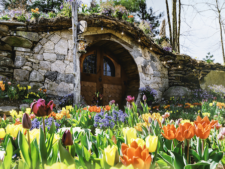 Experience spring's magic at The Preserve with our Hobbit House Photo Experience™, featuring a vibrant tulip garden and whimsical stone house.