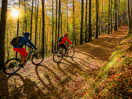 Cyclists enjoy a vibrant autumn mountain bike trail at Preserve Resort & Spa.