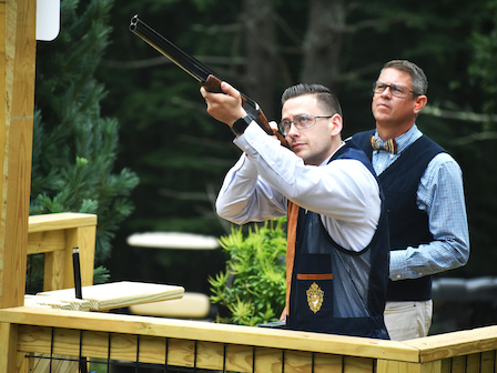 Shooter aiming on clay shooting course at Preserve Resort & Spa in 2024.